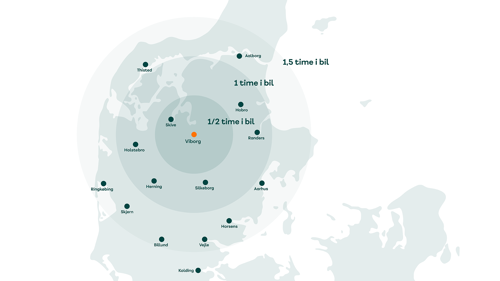 Kort med afstande fra Viborg og til andre jyske byer